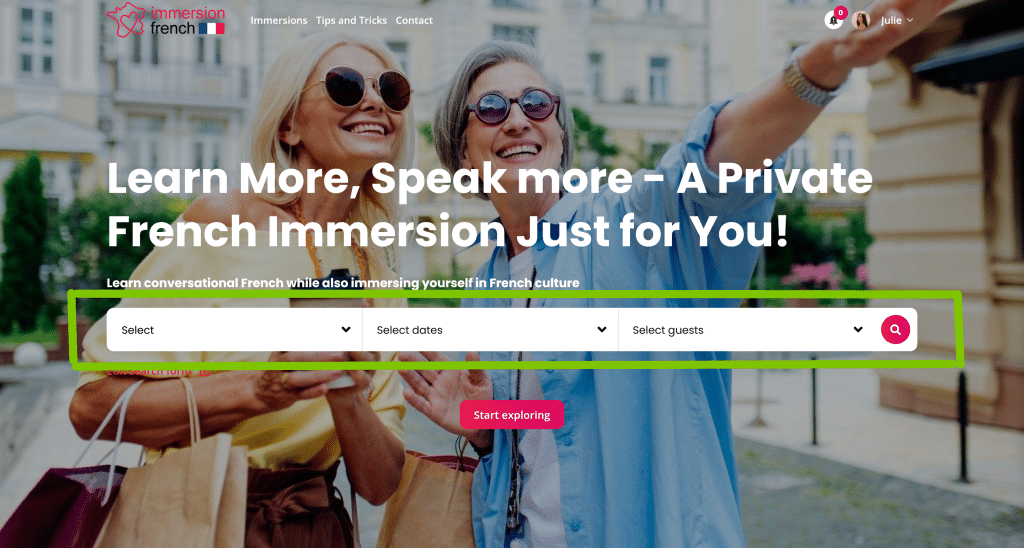 Immersion French homepage with search bar to filter by dates and guests