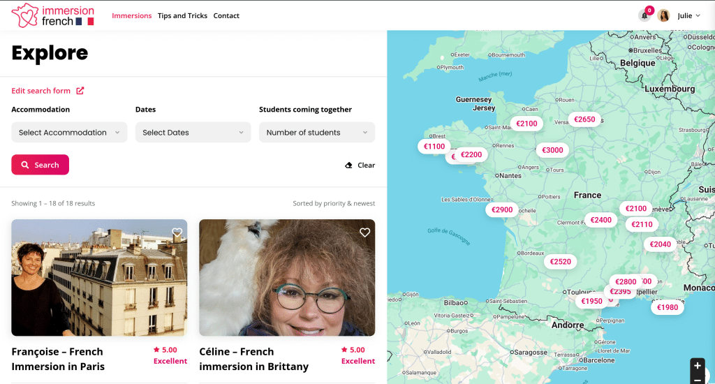 Map view on Immersion French showing teachers and pricing across France