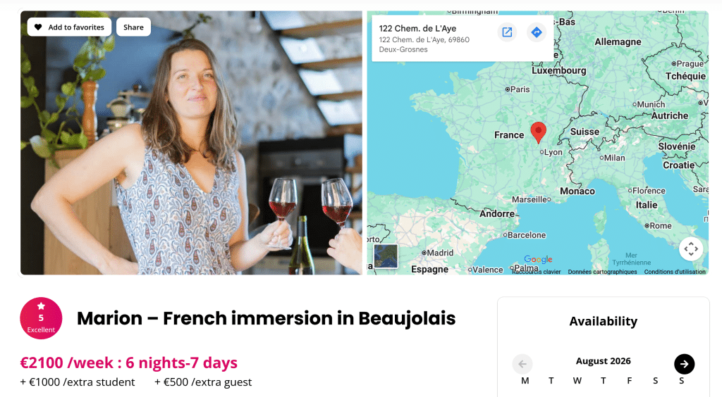 Teacher profile page for a French Immersion program in Beaujolais, showing price and availability
