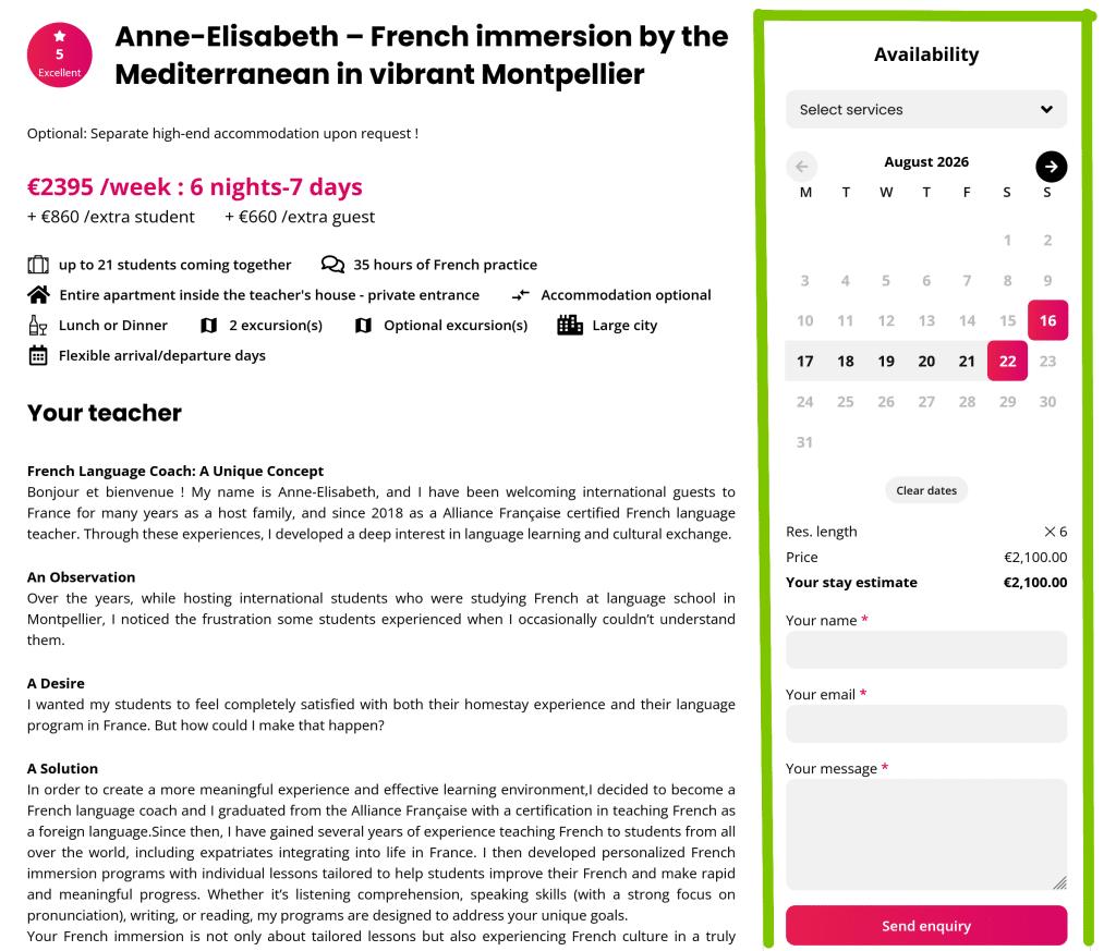 Teacher profile with contact form with pricing and availability