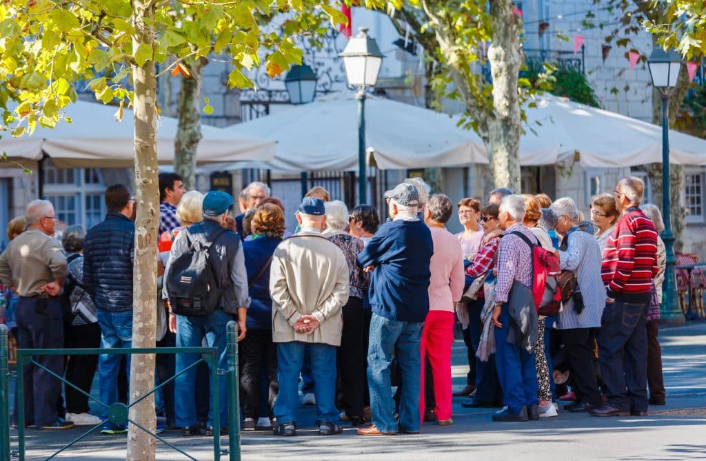 Large group of adult students gathered around a guide during a language school excursion